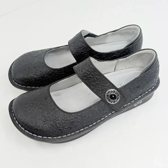 Alegria PALOMA 7507 Black Tooled Leather Mary Jane Support Comfort Orthotic Shoe - Picture 1 of 16